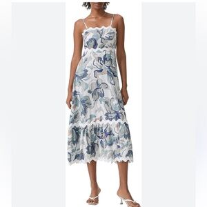 AMAZON Blue & White Floral Ricrac Detail Smocked Back A Line Midi Dress M NWOT